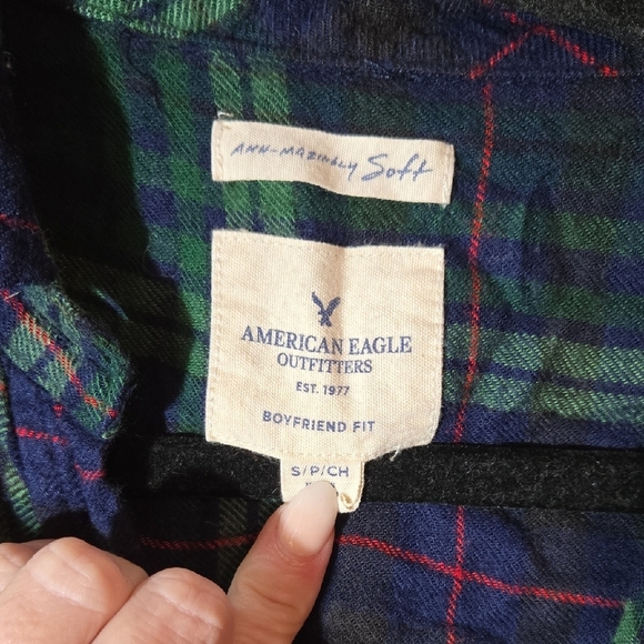 Small Flannel Plaid Shirt - Green and Blue Rodeo Maximalism Fall Button Up - Picture 3 of 4